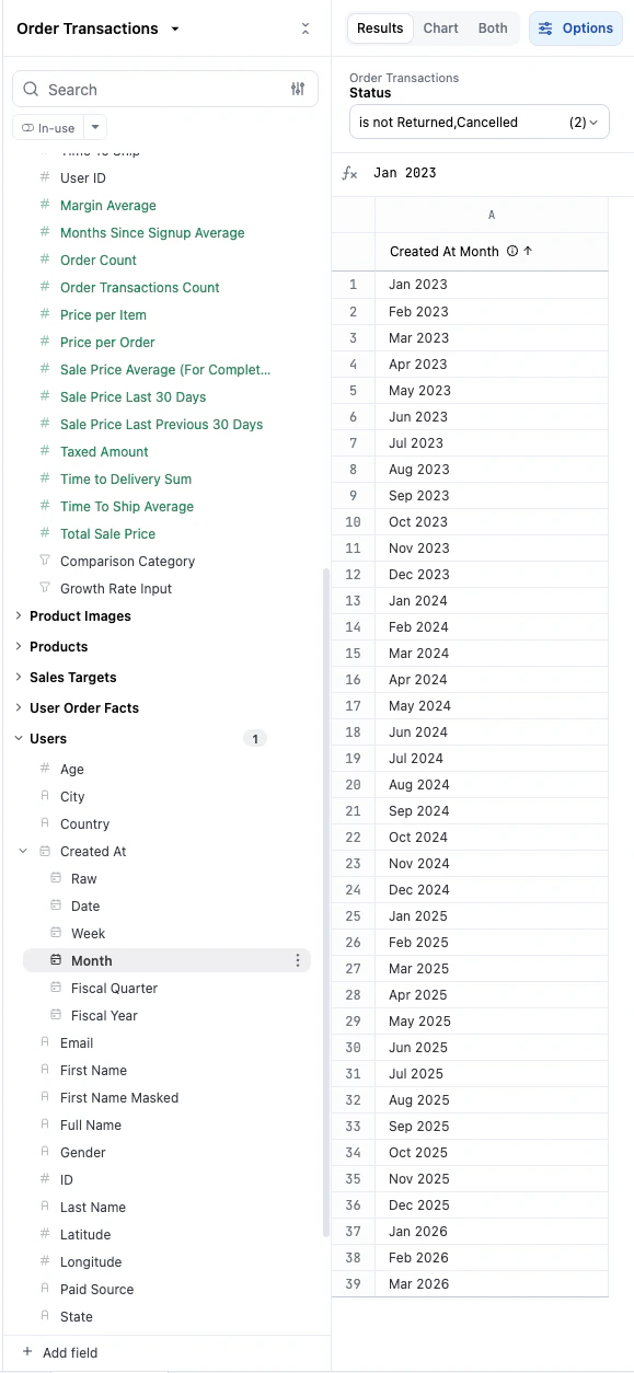 Cohort date field selected in the Omni query builder