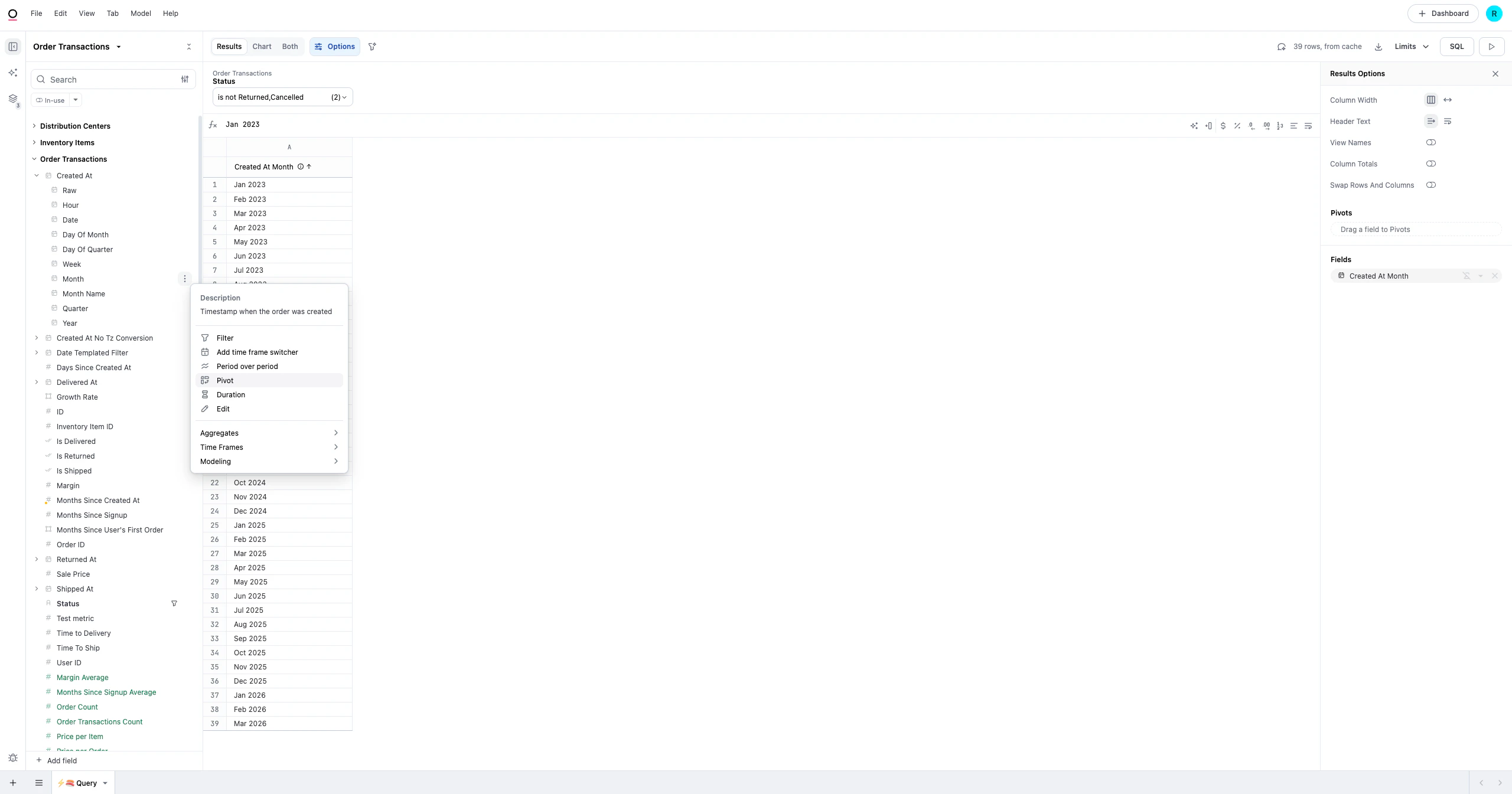 Activity date pivoted in the Omni query builder