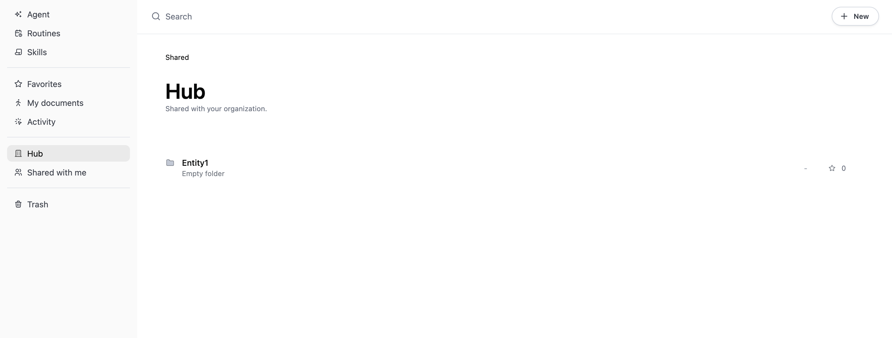 Embedded app in Create Mode with full navigation, landing on the Hub with an entity folder