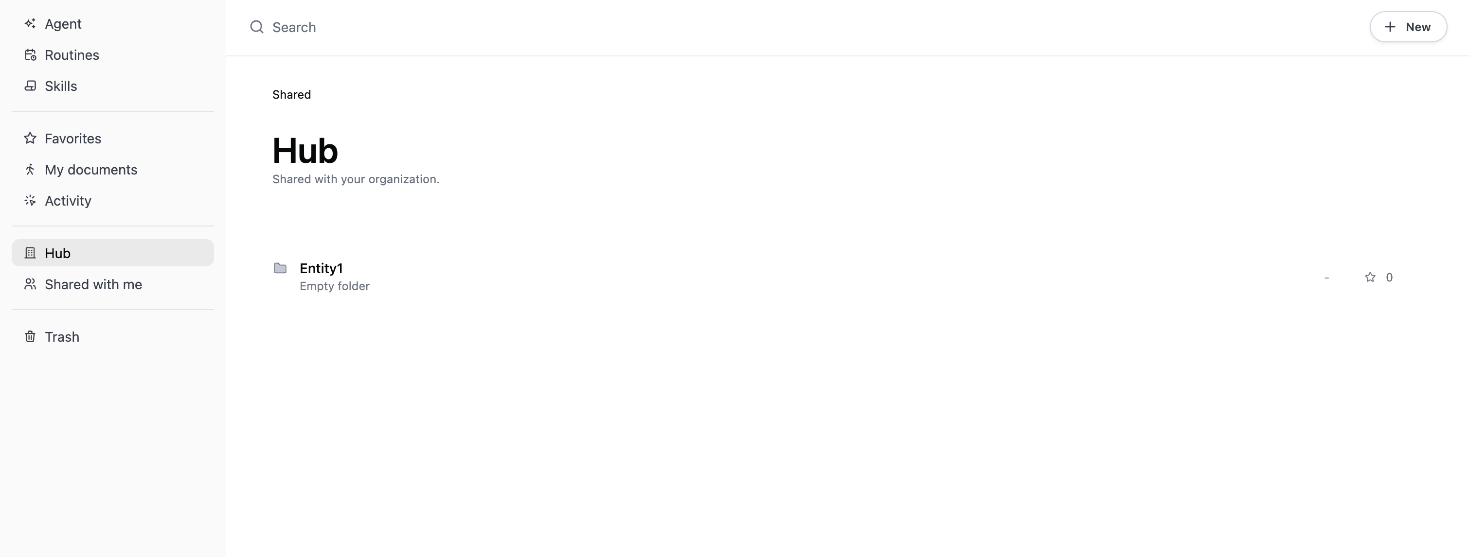 Embedded app in Create Mode with full navigation, landing on the Hub with an entity folder