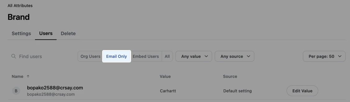 The Email Only toggle highlighted in the Users tab of a user attribute.