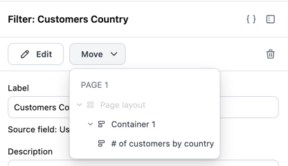 The filter properties panel with the Move dropdown open, showing available containers