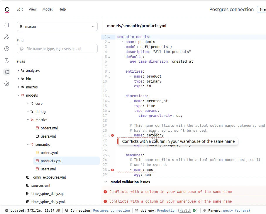 Semantic layer validation issues displayed inline in the dbt IDE