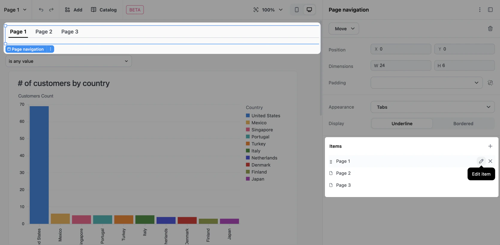 Tab in the Items section showing the edit pencil icon on hover