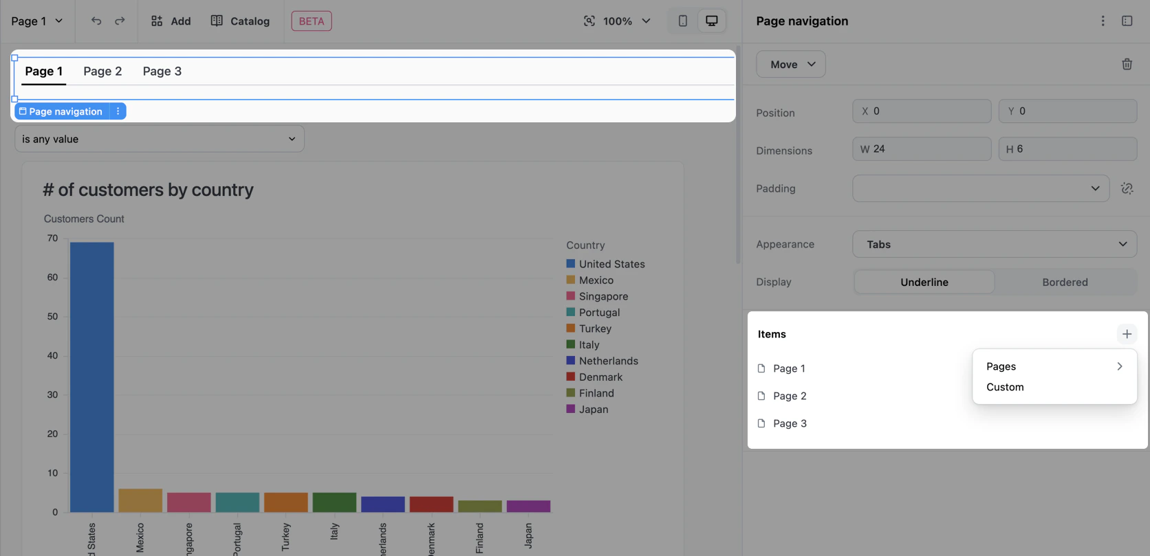 Page navigation properties panel with the Items section and plus icon highlighted