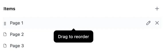 Tab being dragged to a new position in the Items section