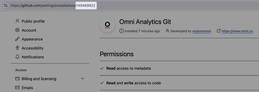 Highlighted app installation ID in the page URL