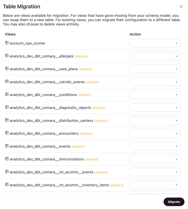 The Migrate tables view in the Omni model IDE, showing a list of tables that can be migrated.
