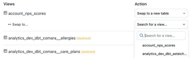 The table migration modal showing the swap-to-new-table dropdown with available replacement tables.