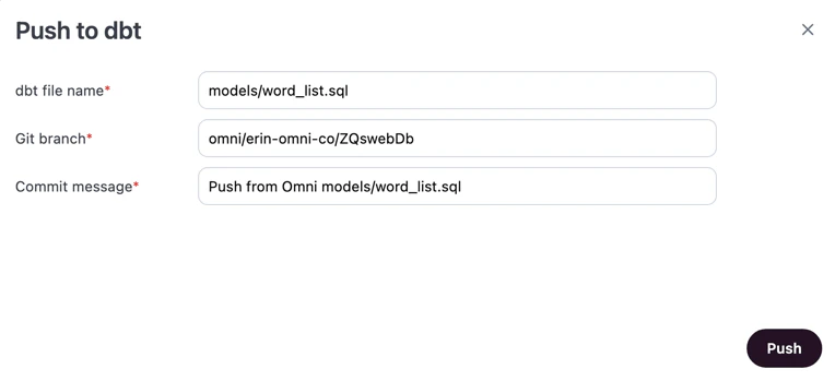 Push to dbt dialog in Omni