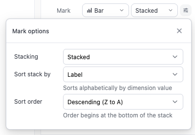The Mark options popover with Stacking, Sort stack by, and Sort order settings