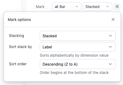 The Mark options popover with Stacking, Sort stack by, and Sort order settings