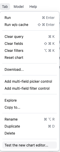 The Tab menu with the Test the new chart editor option
