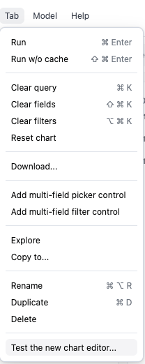 The Tab menu with the Test the new chart editor option
