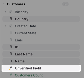 Yellow badge next to a field's data type indicator in the field browser