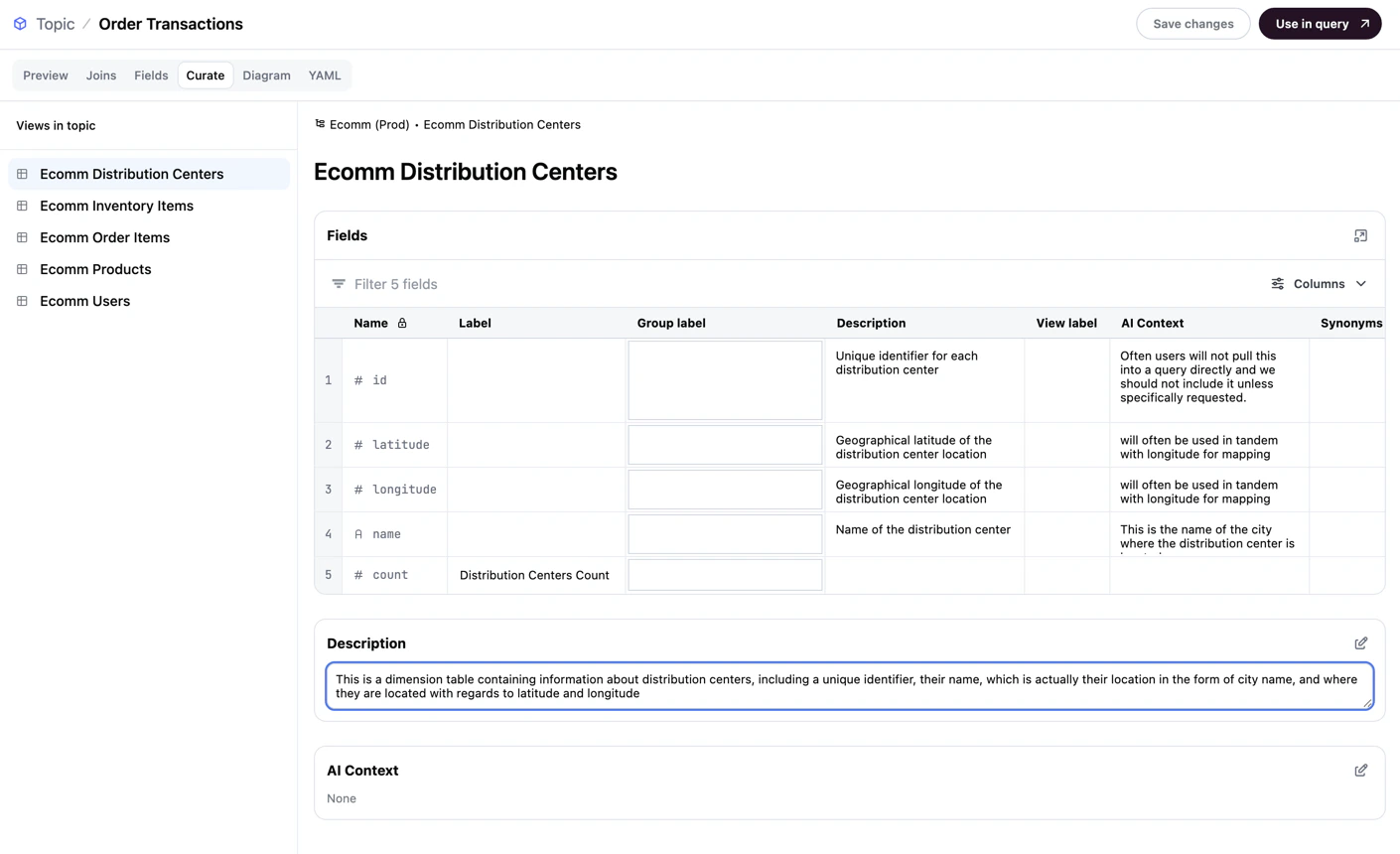 The Curate tab of the topic editor, used to bulk-add labels, descriptions, and AI context to views and fields