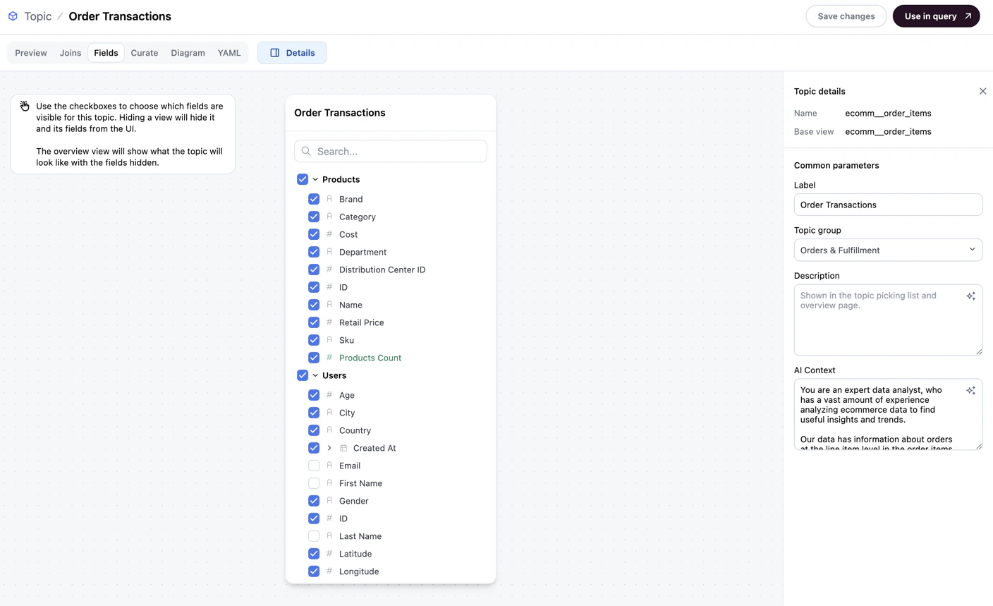 The Fields tab of the topic editor with checkboxes used to include or exclude fields