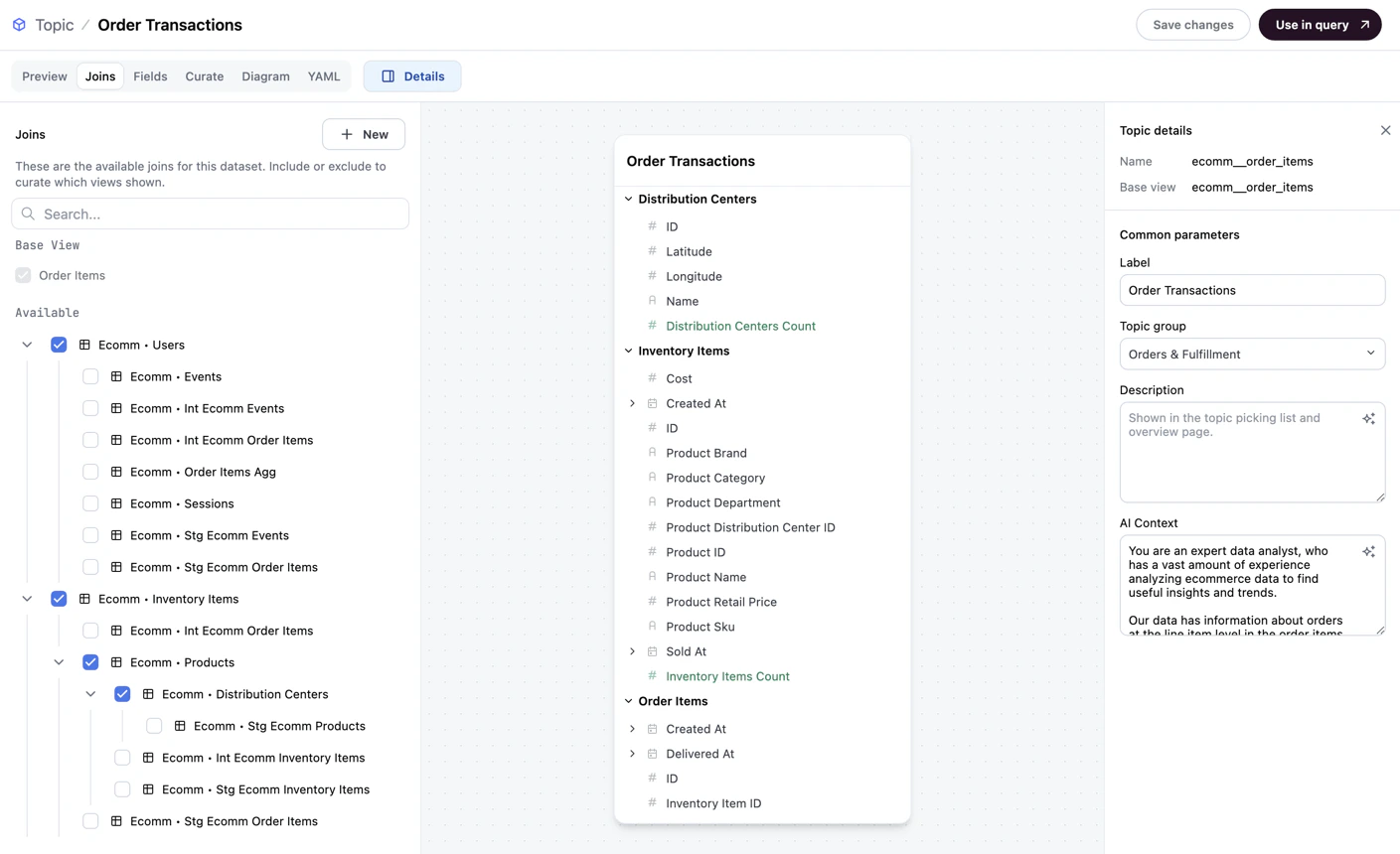 The Joins tab of the topic editor, showing joins available for the dataset
