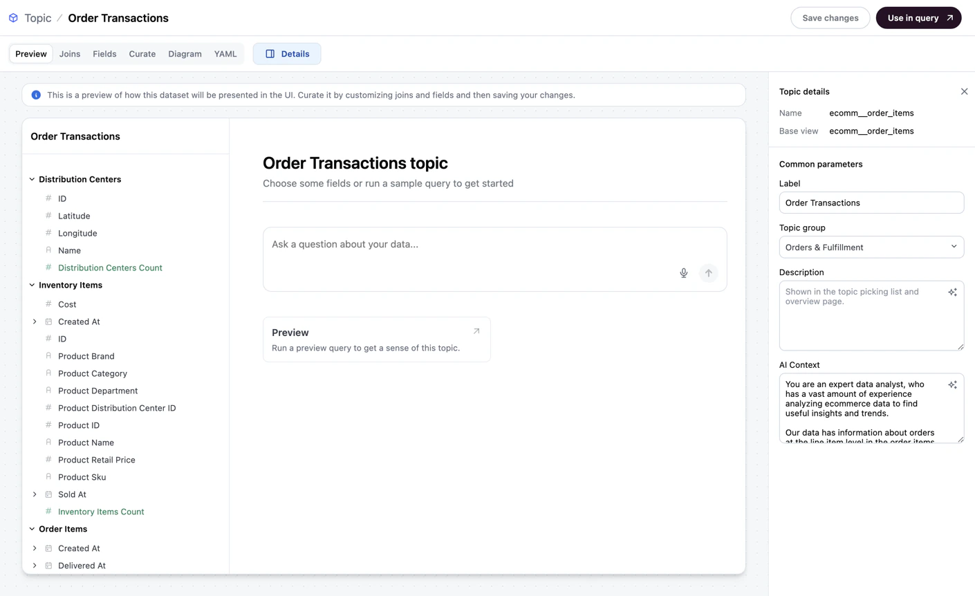 A workbook query using fields from the Order Items and Users tables in the Orders topic, with joins handled automatically