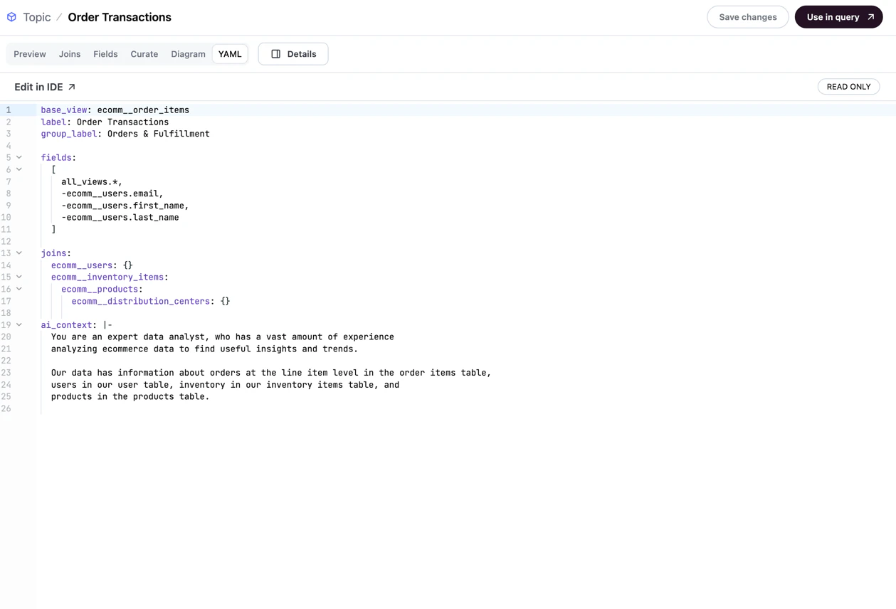 The YAML tab of the topic editor showing the auto-generated YAML definition for the topic