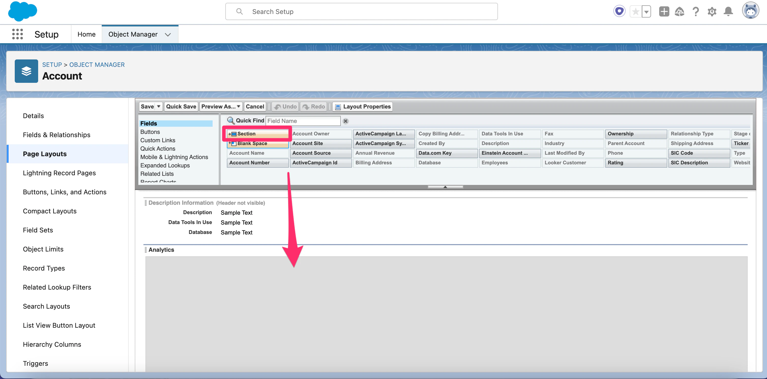 A new, blank section added to a Salesforce page layout