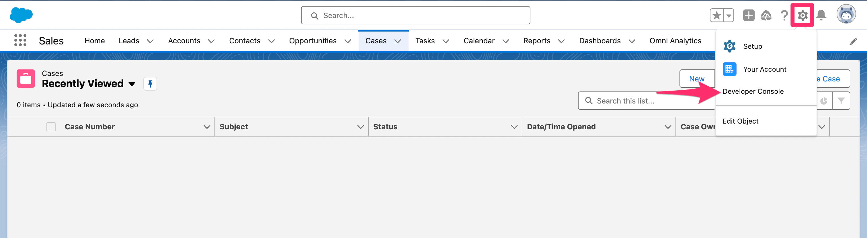 Salesforce Developer Console menu option