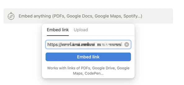 Notion embed component with the Omni dashboard URL pasted into the link field