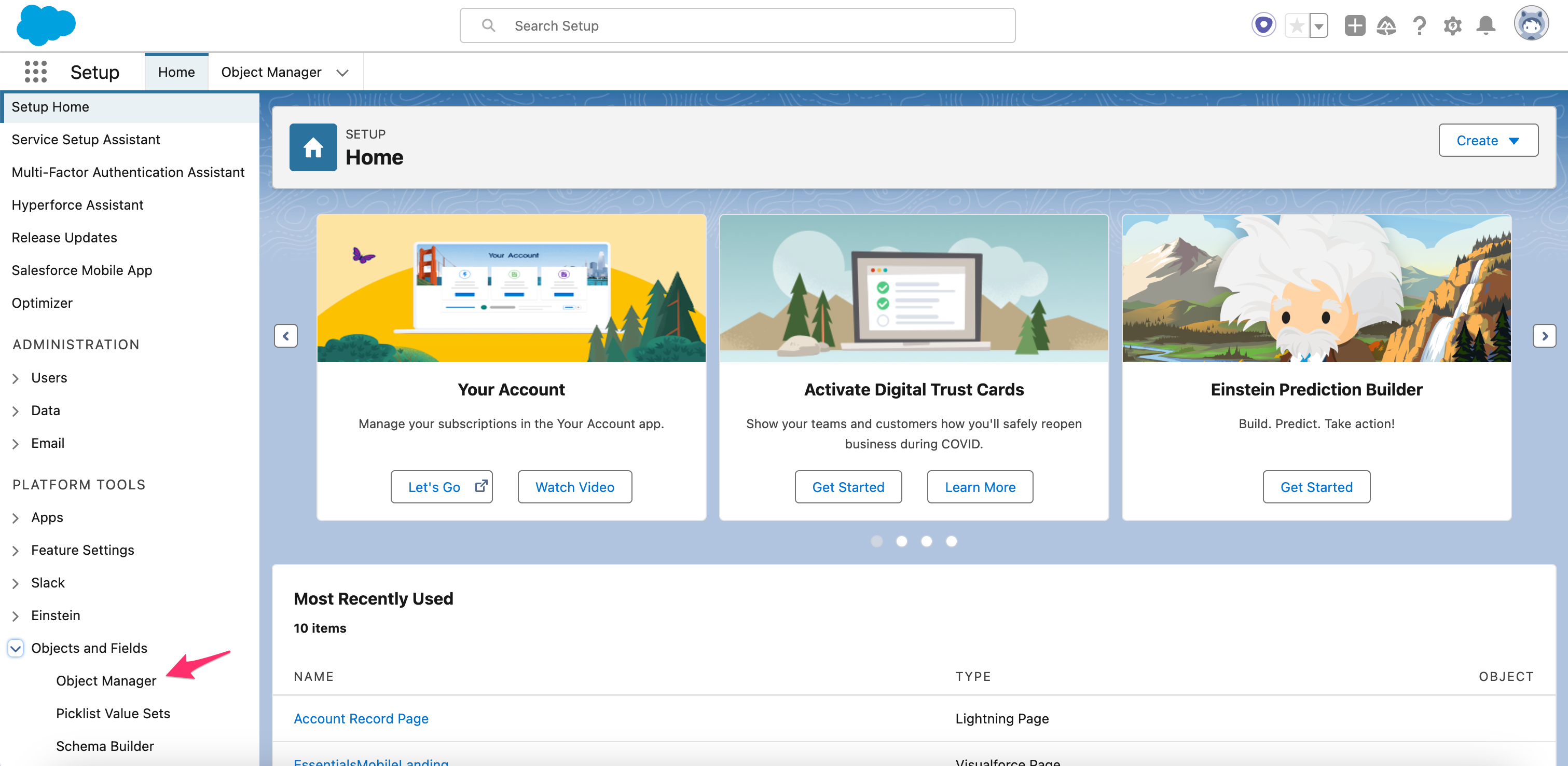 Salesforce Setup Object Manager page