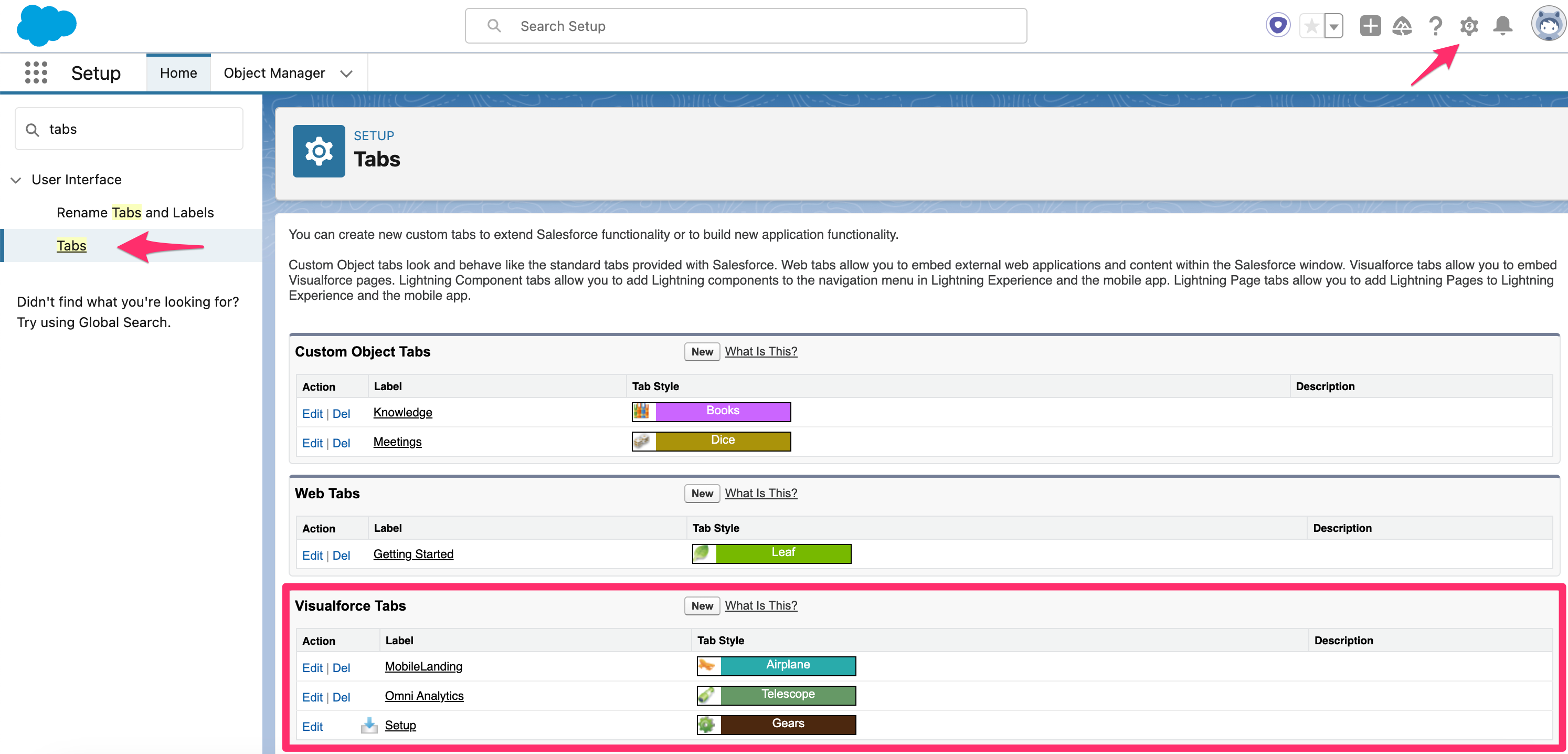 Salesforce Setup Tabs page for creating a new Visualforce tab