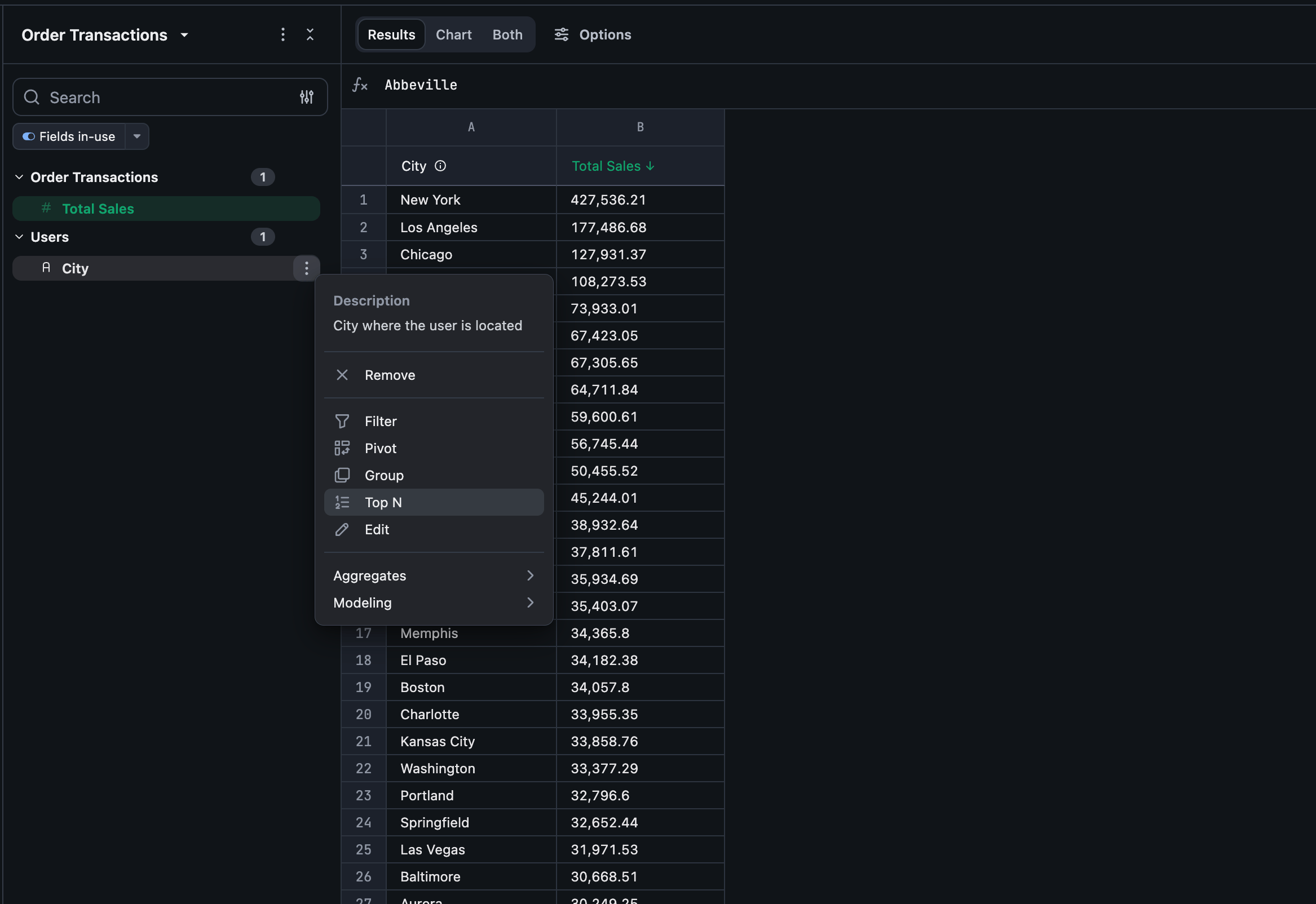 Selecting Top N from a text field's context menu in the field picker
