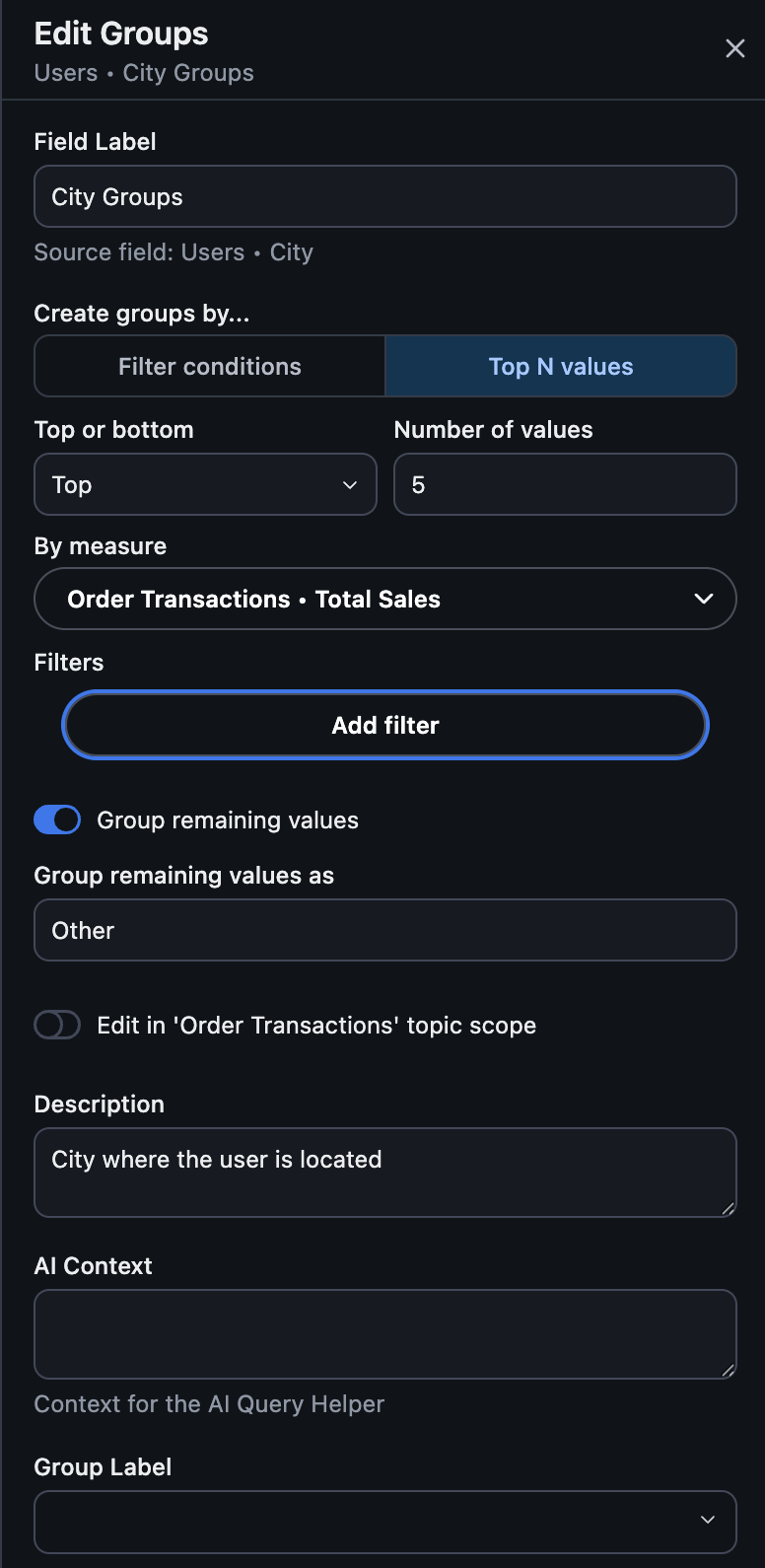The Top N configurator, showing top/bottom, number of values, and by-measure options