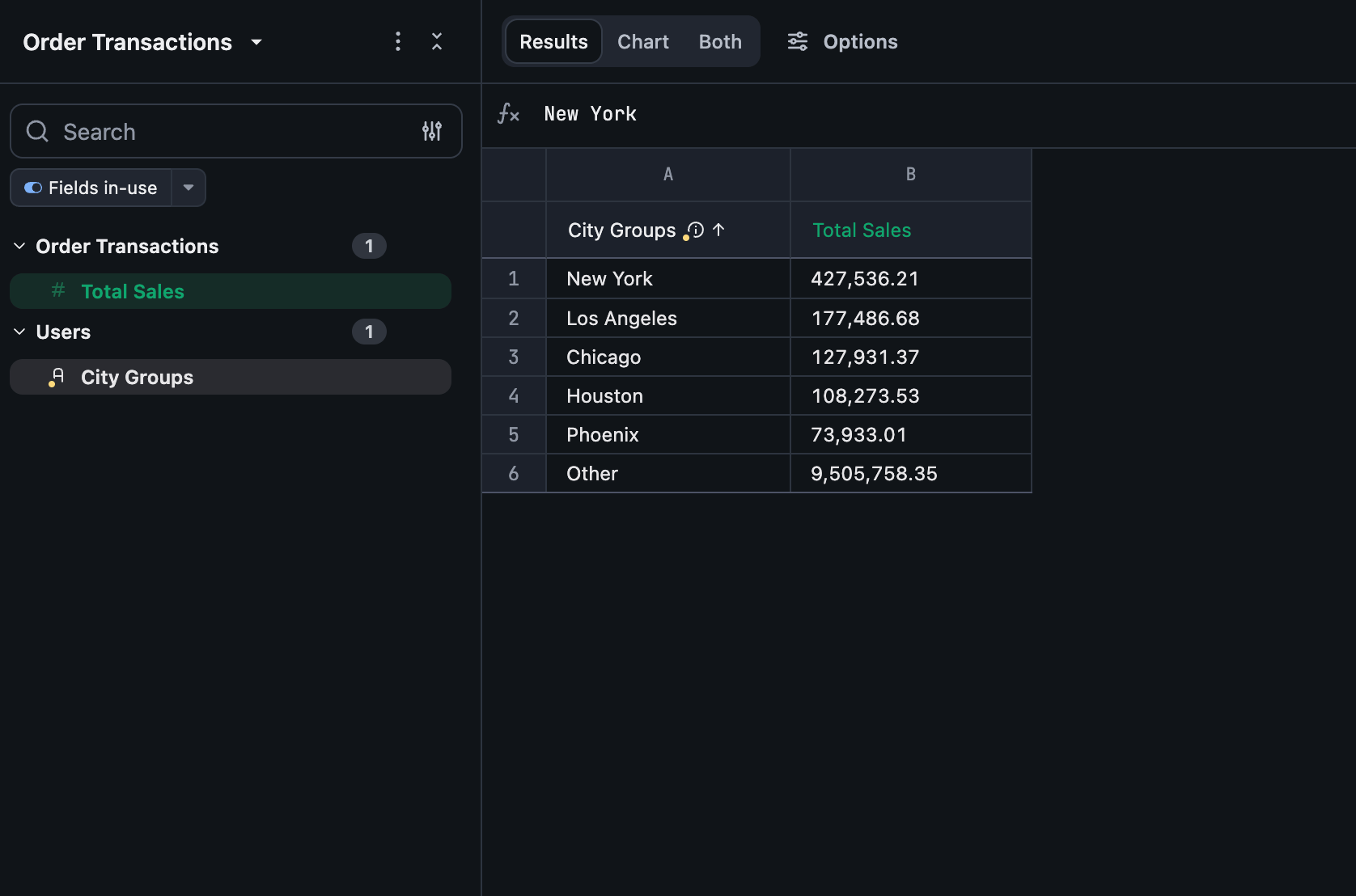 A query result showing five ranked cities and an "Other" row for everything else
