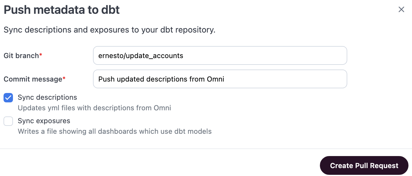 Push metadata to dbt dialog with Sync descriptions checked