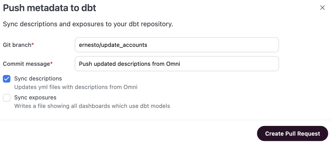 Push metadata to dbt dialog with Sync descriptions checked