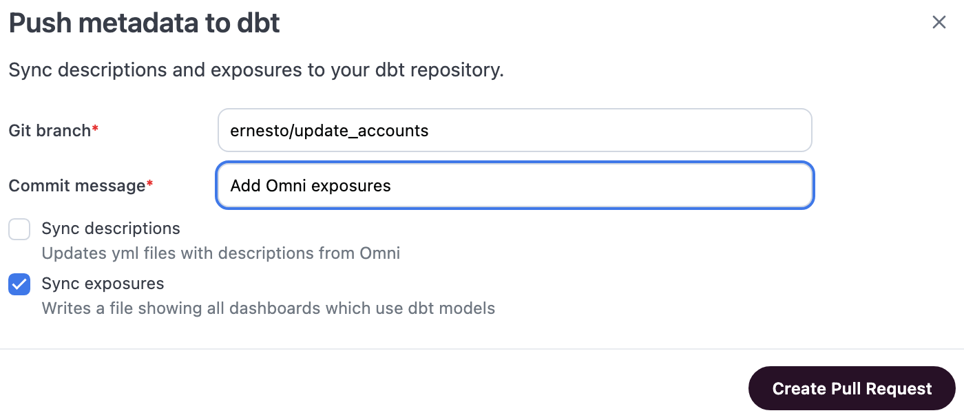 Push metadata to dbt dialog with Sync exposures checked