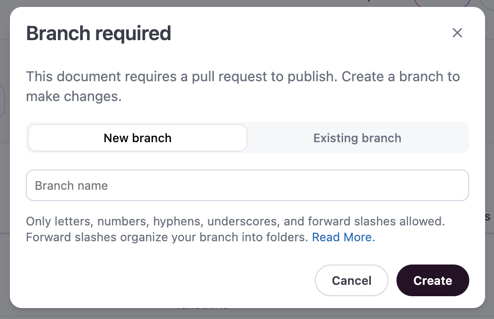 Require pull requests to publish setting The Require pull requests to publish setting in document settings