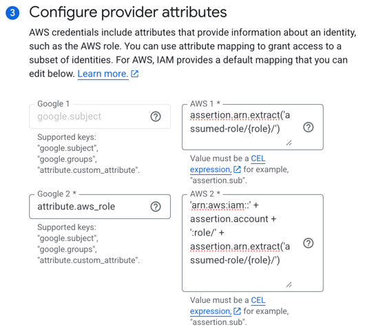 Configured provider attribute mappings in the Google Cloud Console