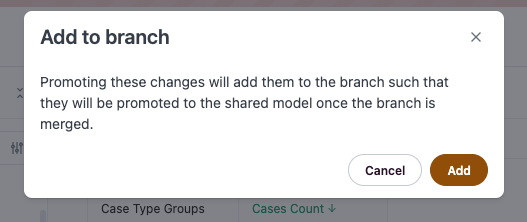 Staged model changes shown in the branch summary