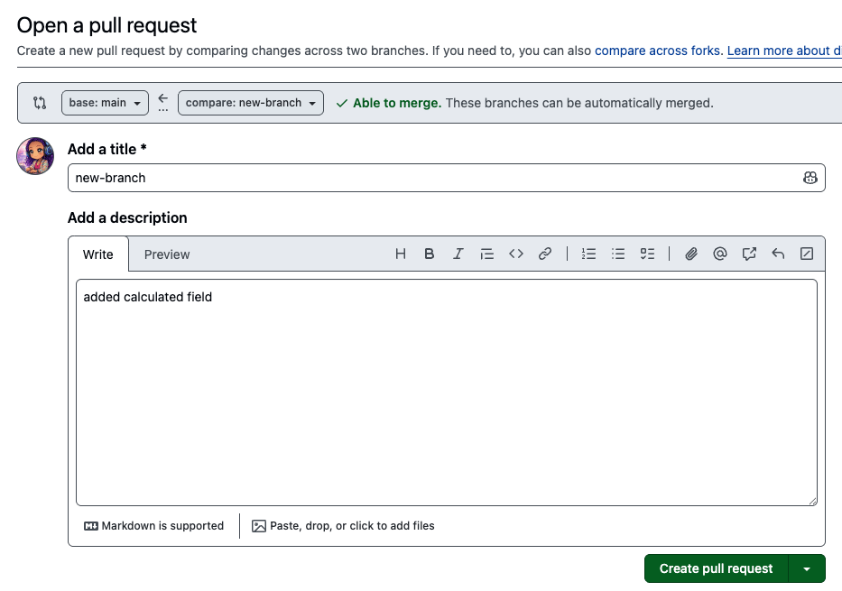 The open pull request screen in your git provider