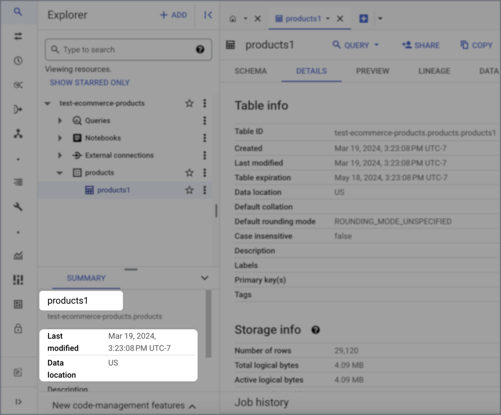 BigQuery dataset info