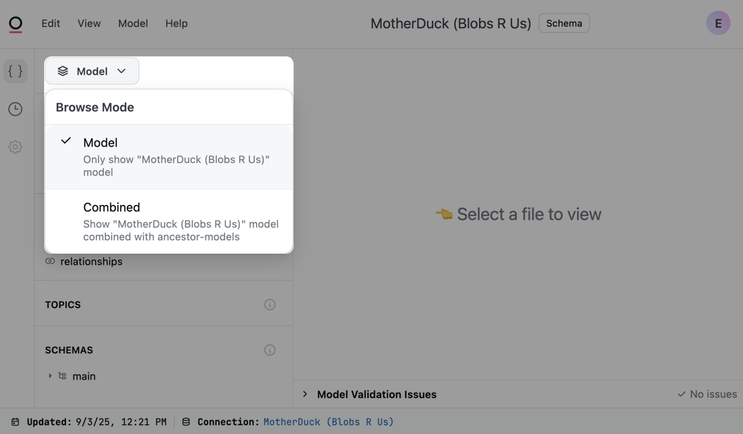 Browse selector in the model IDE, set to Model