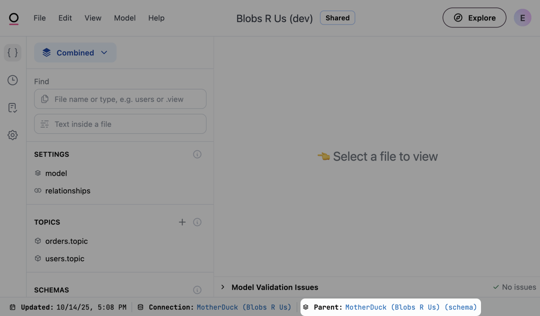 Highlighted Parent section in the model IDE