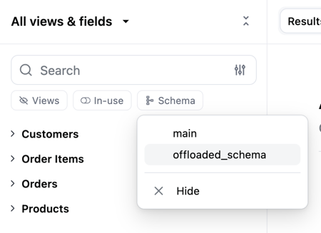 Workbook schema picker showing included and offloaded schemas