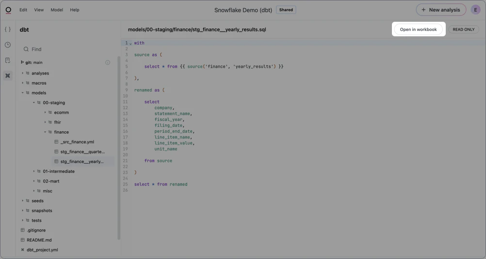 Open in workbook button in the Omni dbt IDE
