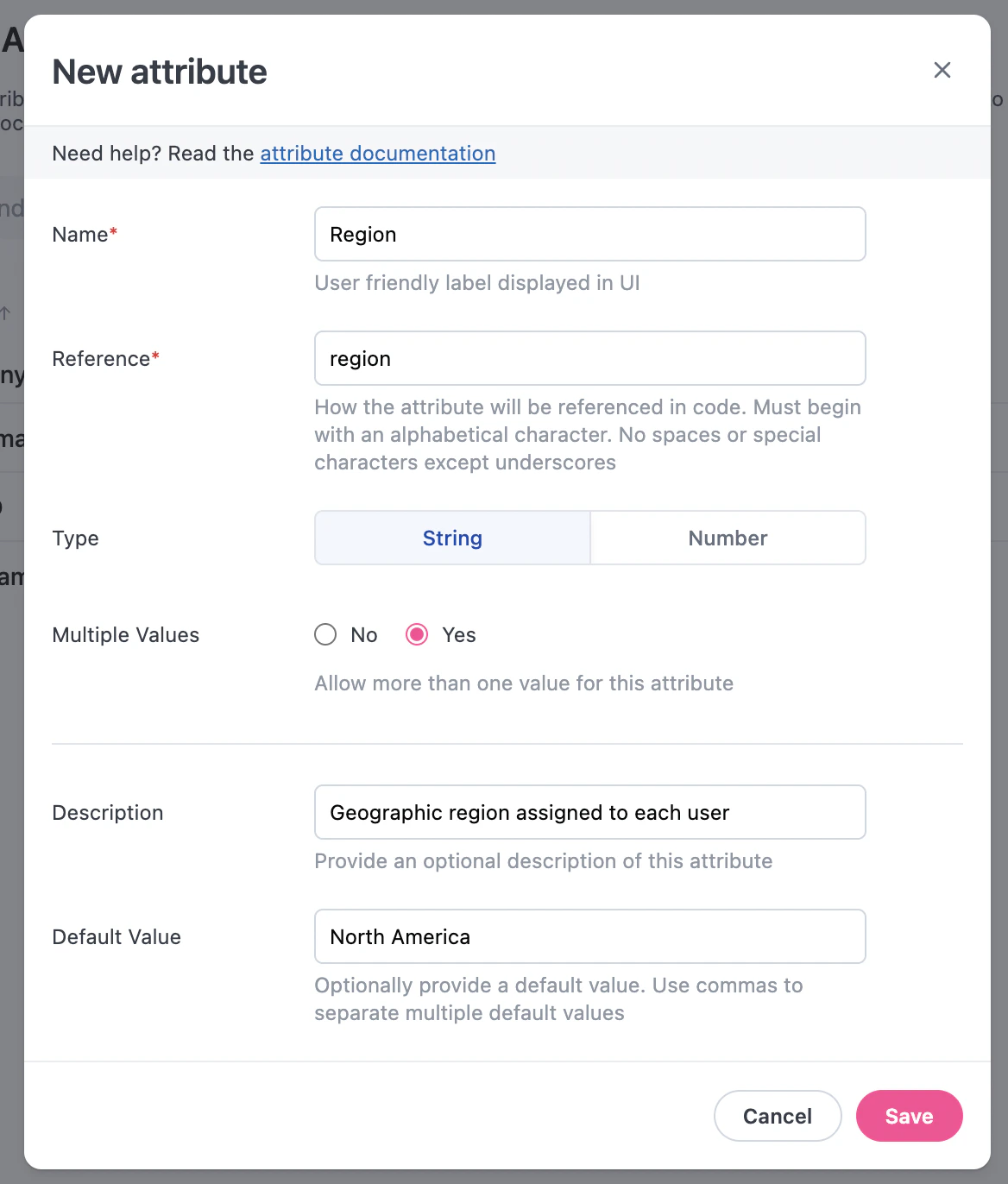 The new user attribute form with fields for name, reference, type, multiple values, description, and default value.