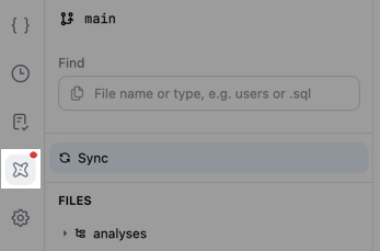 dbt IDE icon in the model IDE showing a red issue indicator