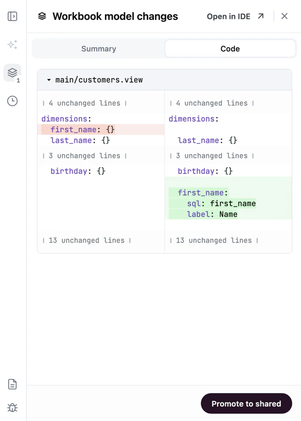 Workbook model changes Code tab