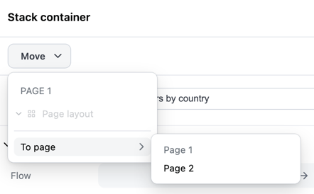 Opened move to page menu in the dashboard properties panel