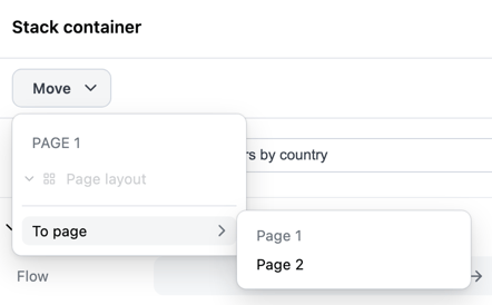Opened move to page menu in the dashboard properties panel