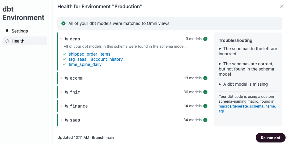 dbt health check diagnostic window showing model mapping status